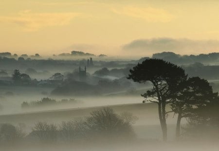 morning fog on a village in the hills - morning, village, hills, trees, fog