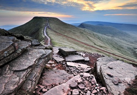 hiking path on a mountain ridge - mountains, sundown, paths, rocks