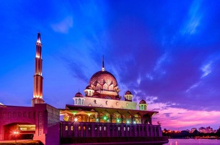 AN EVENING at PUTRAJAYA,MALAYSIA - strait, sky, putrajaya, sunset, purple, evening, clouds, malaysia, lighting, mosque, lights