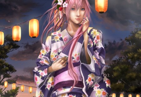 Megurine Luka - pretty, female, night, light, luka, nice, blue eyes, hot, megurine, beauty, kimono, yukata, cg, megurine luka, cute, 3d, sexy, vocaloid, anime, elegant, long hair, gorgeous, pink hair, sky, anime girl, realistic, beautiful, girl, lovely, sweet, lantern, cloud, vocaloids