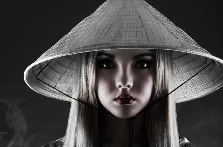 Portrait - hat, wp, asian style, photography, portrait, girl, black, white, bw, face