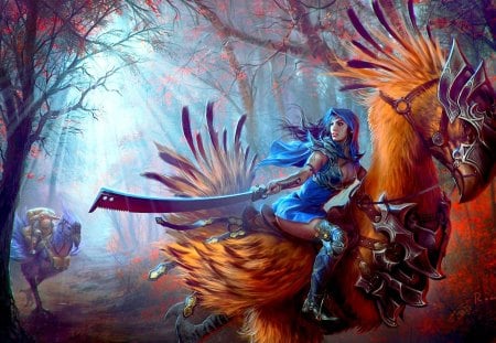 WARRIOR GIRL - giant, birds, timber, girl, weapons, art