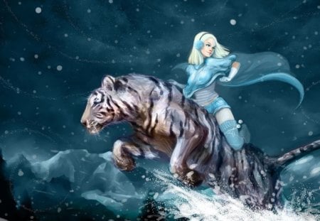 fantasy wallpaper - woman, painting, fantasy, tiger