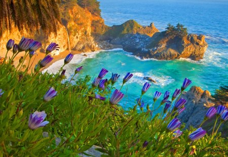 Beautiful cliffs formations - pretty, summer, beautiful, sea, grass, lovely, mountain, flowers, nature, view, cliffs, waves, lake, nice, formations, rocks