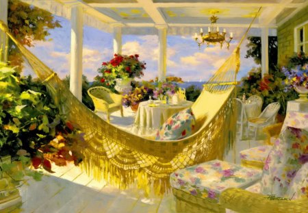 Summer veranda - pretty, veranda, relax, summer, flowers, villa, porch, view, nice, sky, beautiful, coffee, vacation, lazy, hammock, morning, lovely, rest, painting