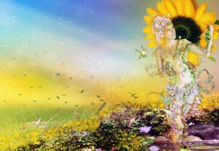 âœ°Woman of Natureâœ° - girls, summer, illuminated, models, adorable, sunflower, lotus, plants, fantasy, bright, birds, hummingbird, animals, flowers, love, buds, pollen, butterflies, petals, clouds, lovely, female, blossoms, women, seasons, cute, mother, beautiful, life, leaves, lady, colorful, magnificent, pretty, spring, sweet, sky, splendor, blooms, trees