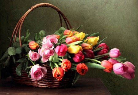 Basket with  tulips and roses - roses, yellow, spring, freshness, pink, flowers, basket, colorful, tulips, nature, red, garden