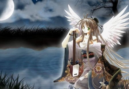 Moonlight angel - clouds, music, anime, girl, angel, moonlight