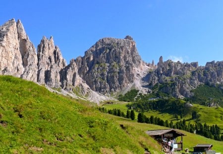 summer day in the alps - mountains, meadow, grass, roadside