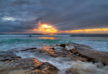 amazing sunset on a rocky shore - clouds, sunset, shore, sea, waves, rocks