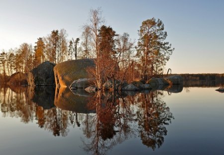 wonderful mirrored lake - lake, autumn, trees, reflection, rocks