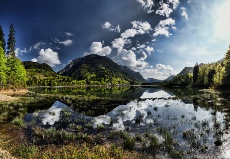 fantastic reflection in a lake hdr - lake, mountain, reflection, clouds, hdr, grass