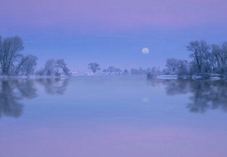 mystic lake - lake, winter, reflection, moon, trees