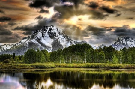 mountain reflections - clouds, artistic, reflections, water, beautiful, photography, beauty, light, dark, nature, green, mountains, sky