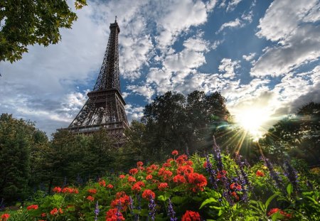 amazing shot - clouds, blue, tower, photography, beauty, traval, flowers, superb, white, nature, red, green, floral, sky