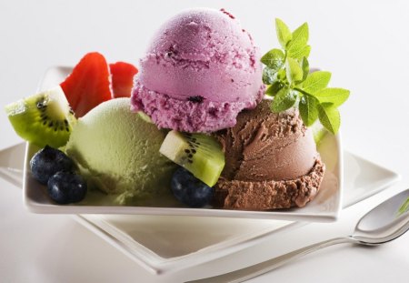 fruit-and-ice-cream - ice-cream, dish, fruits, pink