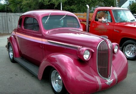 1938 plymouth chopped - red, plymouth, car, road