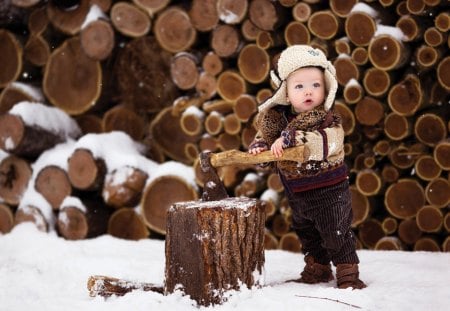 Little lumberjack - lumberjack, stump, snow, boy, winter, ax