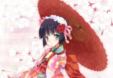 Yune - pretty, anime, kawaii, female, blossom, pink, short hair, yune, umbrella, nice, anime girl, sakura, cherry blossom, beautiful, girl, kimono, lovely, sakura blossom, sweet, flower, petals, yukata, beuty, cute, floral