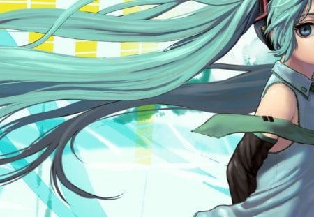 hatsune-miku - girl, wind hair, action, green