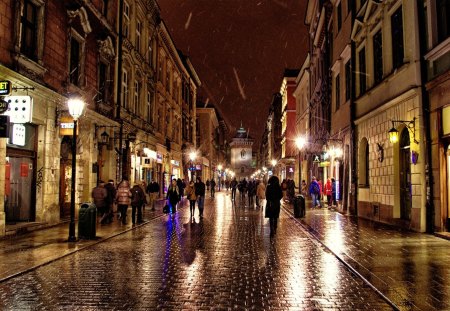 Beautiful Night - street, sky, houses, people, rain, buildings, nature, city lights, lanterns, reflection, clouds, alley, city, rainy