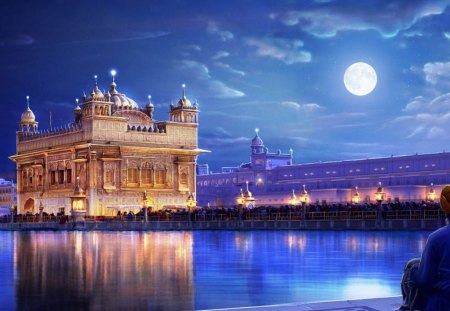 Architectural beauty - sky, architecture, water, moon, castle, painting