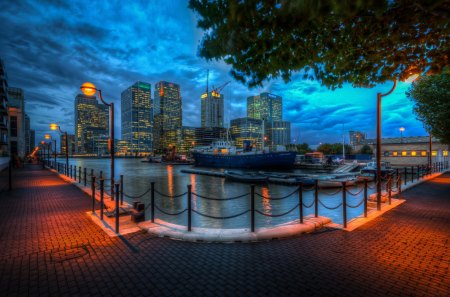 City Lights - sky, boats, sailboats, buildings, skyscrapers, nature, city lights, skyline, lanterns, clouds, alley, blue, city, architecture, sea