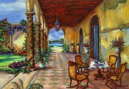 A painted paradise - pretty, relax, summer, flowers, garden, lake, paradise, nice, art, house, water, beautiful, sea, lovely, rest, colorful, painting, arch