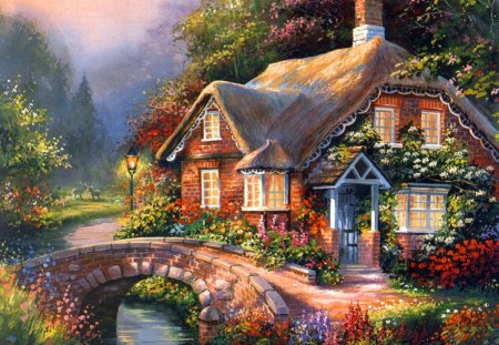 House in paradise - pretty, quiet, summer, cabin, creek, stream, cozy, forest, home, calmness, flowers, paradise, nice, cottage, house, trees, water, beautiful, lovely, colorful, river, painting, serenity, peaceful, bridge