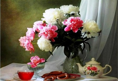 Still life - tea, still life, vase, cup, teapot, nature, peonies, pretzels, flowers