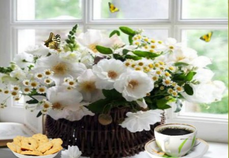 Good morning - flowers, basket, windos, coffee