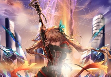 Energy - wand, anime, anime girl, female, warrior, magic, staff, girl, light, long hair, rod, glow, sparks, weapon