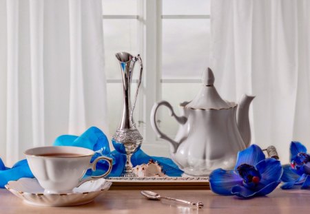 Still Life - blue flowers, orchid, tea, still life, cup, nature, window, petals, blue, flowers