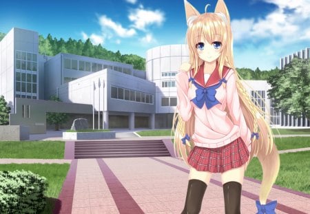 School for Kitsune - anime, kitsune, female, ears, scene, nekomimi, tail, long hair, uniform, staircase, view, ribbon, sky, house, neko, anime girl, girl, scenic, school uniform, braids, sscenery, neko mimi, cloud, stair, building