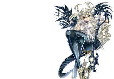 Zap Looking Dragon - female, hot, wand, wings, simple, anime girl, armor, white, anime, cute, fantasy girl, sexy, girl, long hair, staff, rod, horns, wing, plain, weapon