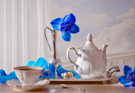 Still Life - blue flowers, orchid, still life, cup and saucer, cup, teapot, nature, beautiful, blue, flowers