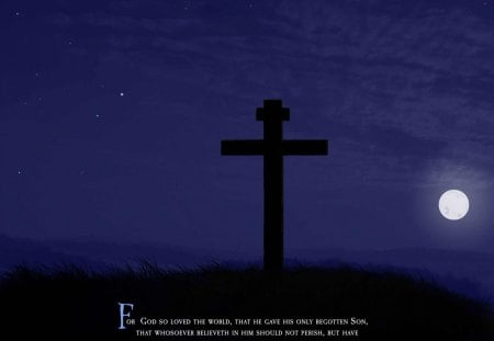 Cross and Moon Scripture John 3:16 - moon, jesus, blue, beautiful, believe, love, life, verse, world, bible, gift, cross, scripture