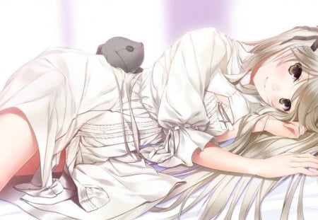 anime girl - white dress, anime, bed, sleep, girl