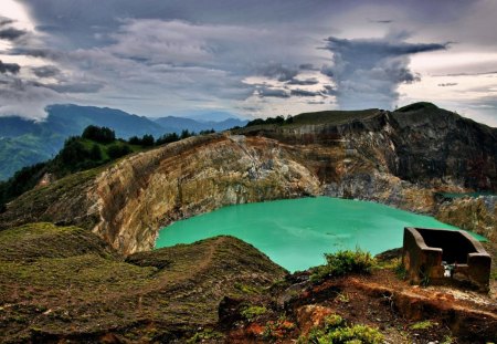 volcano lake - lake, mounatains, volcano, clouds