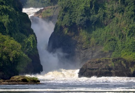 waterfall from a river gorge - river, waterfall, cliff, forest, gorge