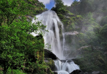 wonderful waterfall - spray, waterfall, cliff, forest, mountain