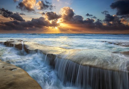 wondrous sunset on seascape - clouds, sunset, waves, sea, rocks, shhore