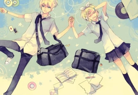 ~Len & Rin Kagamine~ - anime, vocaloid, brother, len kagamine, records, bags, headphones, rin kagamine, sister, paper