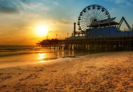 fabulous amusement pier at sunset - amusement, beach, pier, sunset, sea