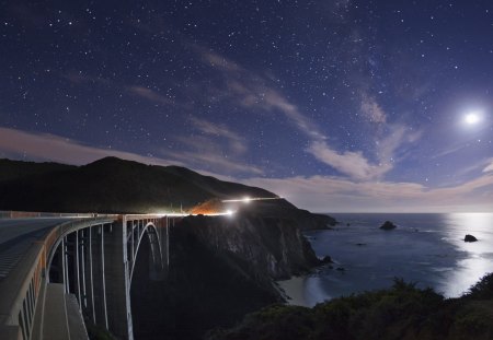 wondrous coastal highway bridge under the stars - moon, highway, coast, sea, stars, bridge