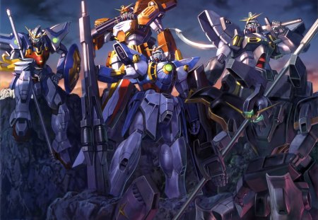 Together - heavyarms, deathsycthe, sandrock, anime, mecha, gundam wing