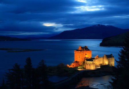 fabulous castle in light - lake, ancient, castle, light, night