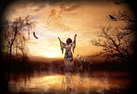 The Beauty Of It All - abstract, trees, birds, wolf, fantasy, eagle, indians, sky, animals