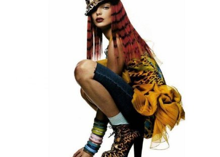 Animal Lover - people, animal print hair, animal print boots, animal print hat, animal print top, model