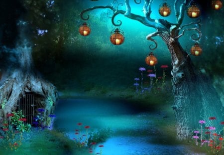 Arbe Lantern - fantasy, magical, blue, tree